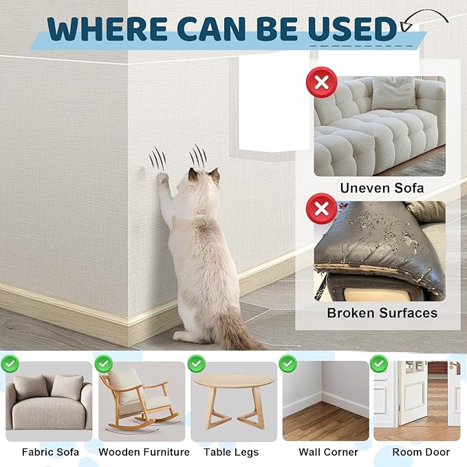 Cat Scratch Furniture Protector, Cat Scratching Mat, Trimmable Self-Adhesive Cats Claws Scratch Pads, DIY Carpet Mat Replacement for Cats Tree, Cats Wall Shelves (Transparent, 16x12in-30pcs)