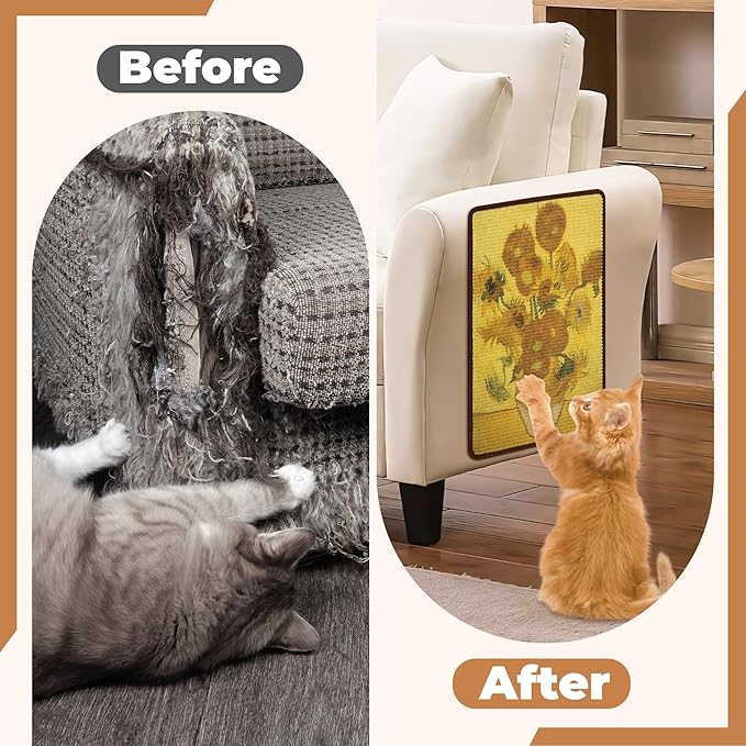 Sisal Cat Scratcher Mat, Cat Wall Scratcher for Indoor Cats, 23.6x15.7 Inch Cat Scratch Pad with Hook & Loop, Wall Mounted Cat Scratching Post to Protect Couch and Carpet（Helianthus）