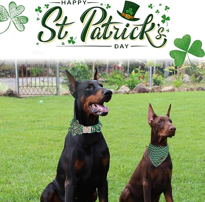 MR. CHUBBYFACE St.Patrick's Clover Dog Collar with Flower, Pink Green Clovers Shamrock Adjustable Dog Collar, Cute St.Patrick's Collar for Small Medium Large Dogs