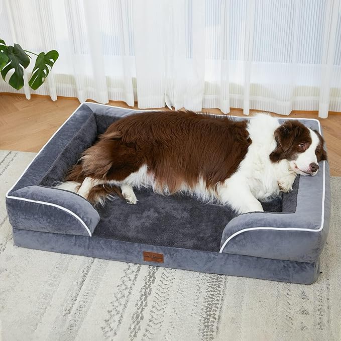 Comfort Expression Orthopedic Dog Bed for Large Dogs 38x25 Inch, Waterproof Supportive Egg Crate Foam Large Pet Bed with Removable Bolsters, Dog Couch with Washable Cover & Non-Slip Bottom, Dark Grey