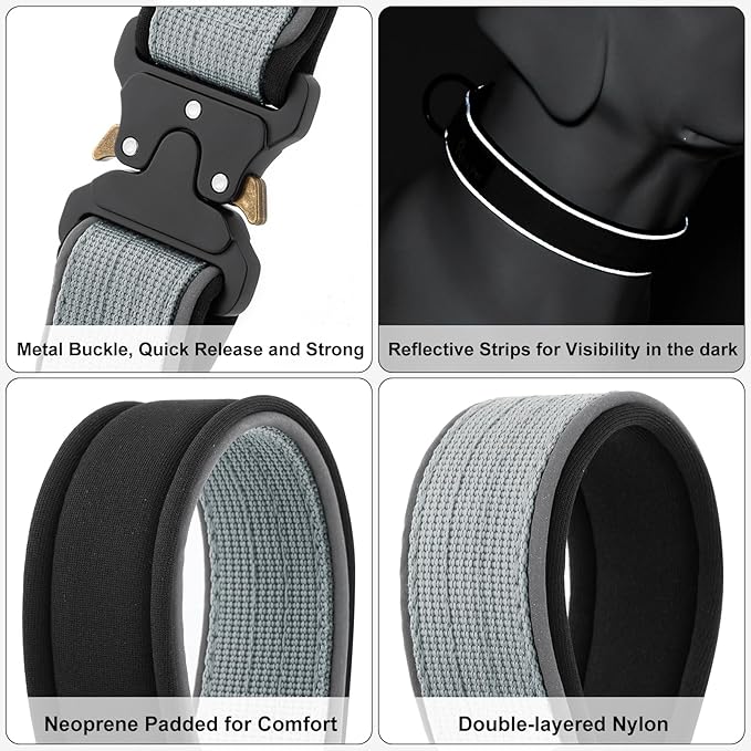 Plutus Pet Tactical Dog Collar, Reflective, Adjustable Heavy Duty Dog Collar, Soft Padded and Comfortable, for Small Medium and Large Dogs (Gray, XL)