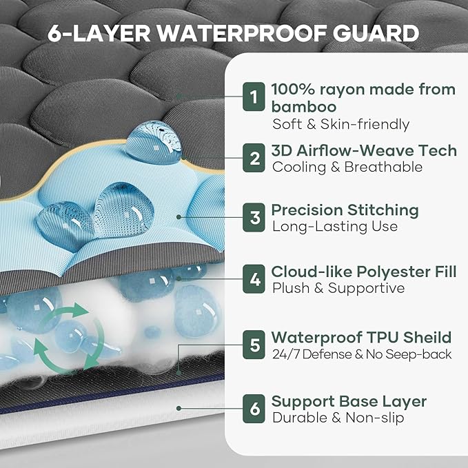 OhGeni 100% Waterproof Mattress Protector, Queen-Gray Size Mattress Pad, Fits 6"-20" Mattresses with Deep Pocket, Cooling, Breathable Fitted Sheets, Soft Bed Cover, Noiseless, Machine Washable