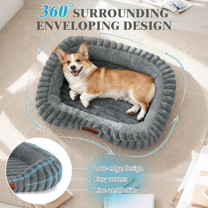 Cute Dog Bed for Extra Large Dogs, XL Washable Soft Plush Furry Calming Dog Bed with Removable Zipper Cover, Orthopedic Rectangle Anti-Anxiety Pet Kennel Bed with Handle, 43x31x5inches, Grey