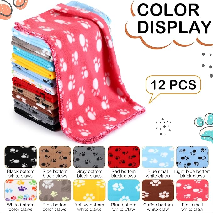 Tegeme 12 Pieces Fleece Blankets for Pets Dog Puppy Paw Print Cat Bedding Cover Blanket for Small Animals Pig Cage Liner Sleep Mat Pad Kitten Soft Warm(Cute Style,18 x 24 Inches)