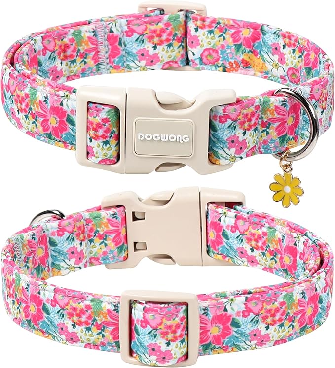 DOGWONG Spring Flower Dog Collar-Cute Floral Daisy Dog Collar, Adjustable Soft Girl Female Dog Collar for Small Medium Dogs, M
