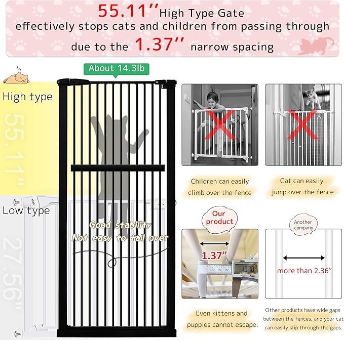 Lumizone Extra Tall Pet Gate 55.12" High Pressure Mounted 42.52"-46.64" Extra Wide (9 Sizes) 1.37" Gap for Cat Dog Stairs Doorway Hallway No Drilling Auto-Close (42.52"-46.64" W, Black)