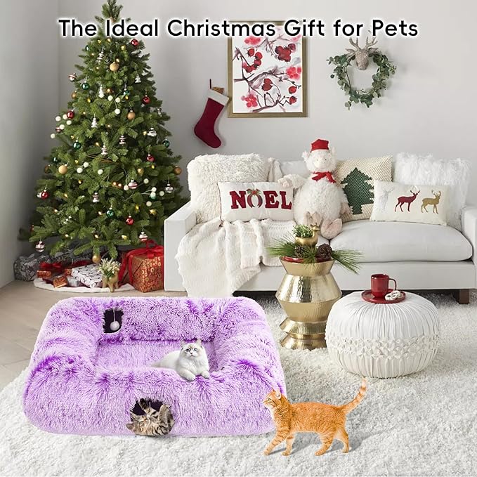 Extra Large Cat Tunnel Bed, 4 Ways Tunnels for Indoor Cats, Multi-cat Family Pet Bed & Cave, Plush Cat Donut with Washable Middle Mat, Exit Balls, Pet Play Toy for Kitten Puppy Rabbit, Purple