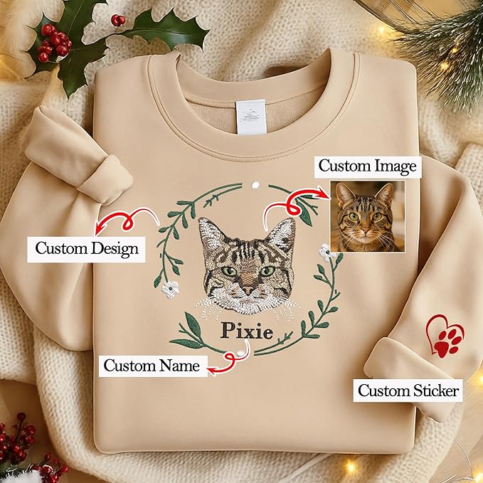 VIOLAVA Custom Cat Embroidered Christmas Sweatshirt – Personalized Pet Name Holiday Crewneck, Festive Gift for Cat Lovers