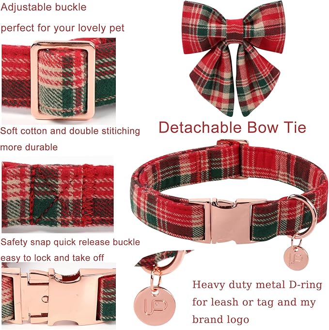 Christmas Plaid Dog Collar with Bow Tie– Adjustable Red & Green Checkered Dog Collar for Small Medium Large Dogs, Soft Xmas Plaid Puppy Collars with Quick Release Buckle S