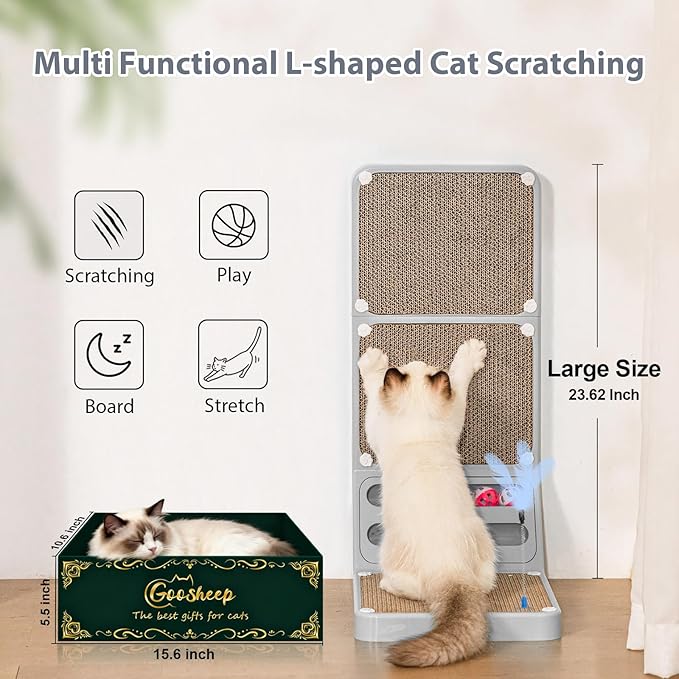 Cat Scratching Post Cat Scratching Board,2-in1 L Shaped Cats Cardboard Scratcher with Box, Kitten Scratcher Ball Wall Scratchers Pad for Indoor Cats Grey