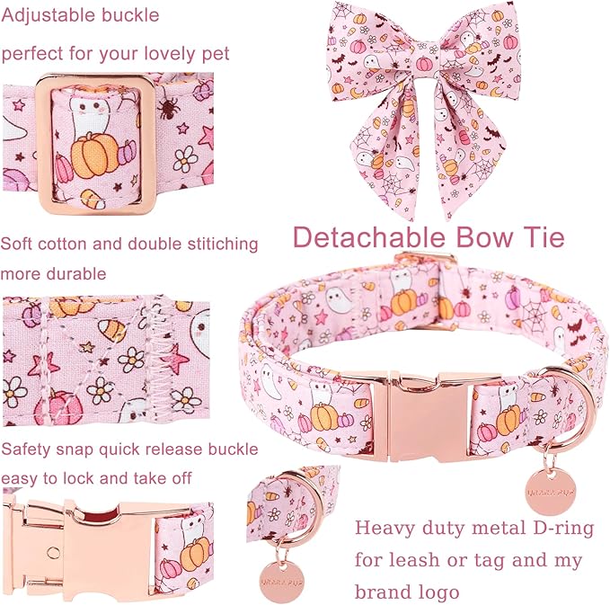 Halloween Dog Collar with Pink Floral Bowtie, Premium Cotton, Sturdy Metal Buckle, S Size for Small Dogs