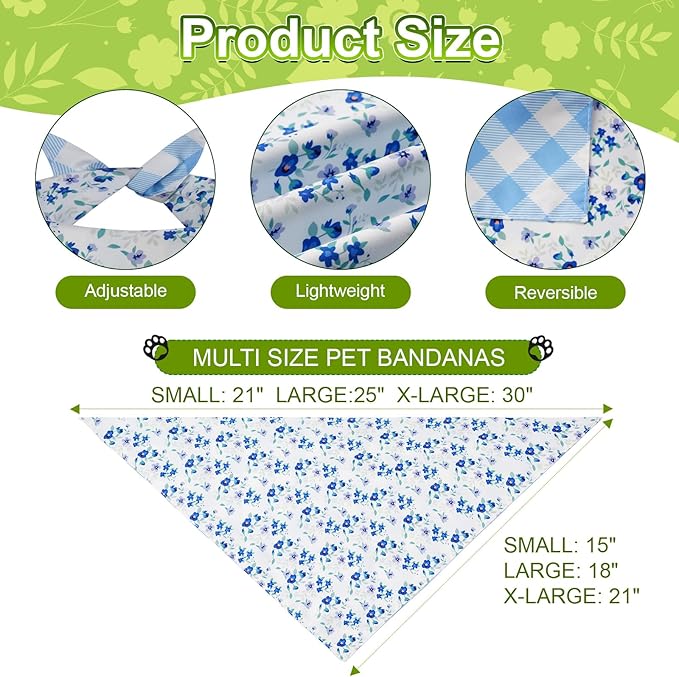 Spring Dog Bandanas Large 2PCS, 4 Pattern Summer Floral Scarf for Boy and Girl, Triangle Reversible Bibs Breed for Puppy Pets