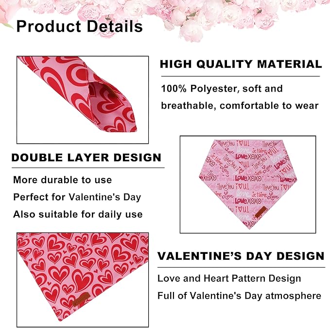 ADOGGYGO Valentine Dog Bandanas 2 Pack, Reversible Heart Love Print Pet Scarf, Premium Fabric, Adjustable Fit Pink Red Valentine Bandanas for Extra Large Dogs (X-Large)