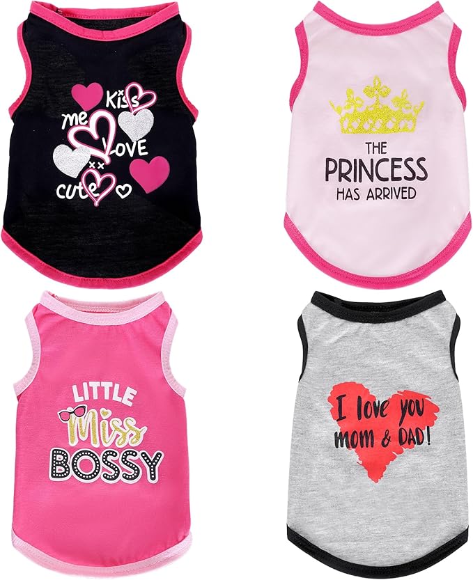 4 Pack Dog Shirts Summer Printed Puppy Clothes Cute Sleeveless Pet T Shirts Dog Clothes for Small Medium Dogs Cats Girl(L)
