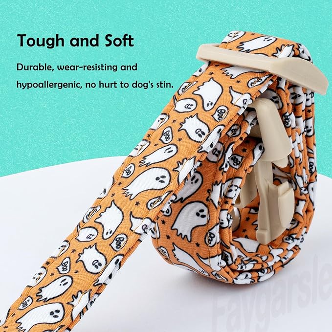 Faygarsle Halloween Ghost Pattern Dog Collar with Charm, Orange and White,for Small Medium Large Dogs L