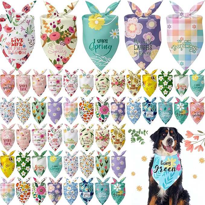 Kacctyen 50 Pcs Spring Dog Bandanas Bulk Large Bandanas for Dogs Grooming with Spring Flowers Bees Adjustable Pet Triangle Scarf Bib Washable for Small Medium Large Puppy Cats Pets Costume Accessories