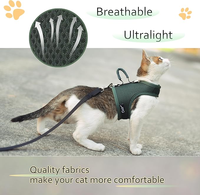 Cat Harness and Leash for Walking Escape Proof Breathable Mesh Fabric, Solid Green, XX-Large, Adjustable Cat Walking Jackets with Handle, Padded Stylish Cat Vest