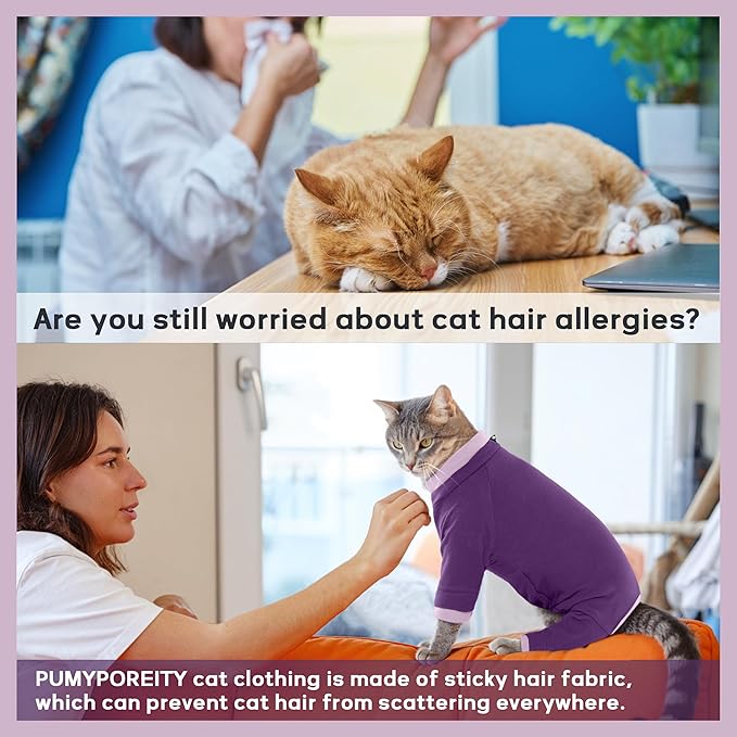 PUMYPOREITY Cat Hair Sticky Sweater, Recovery Suit - Breathable & Lightweight for Post-Surgery Protection, Cat Onsie Prevents Licking Wounds, Purple, 2XL