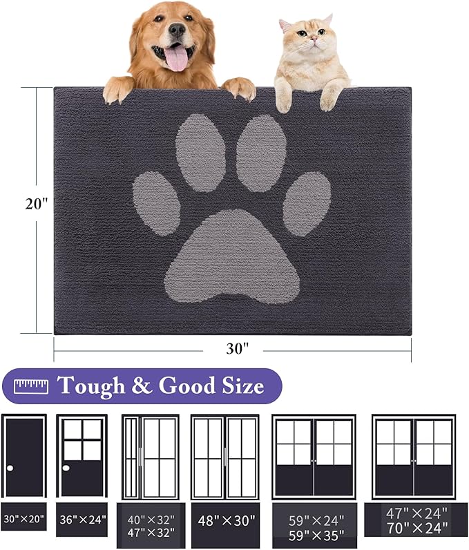Buganda Dog Door Mat for Muddy Paws, Absorbent Dirt Trapper Non Slip Indoor Doormats, Washable Low-Profile Mat for Mud Dogs, Entryway Carpet for Inside Floor (59x35 Inches, Dark Grey)