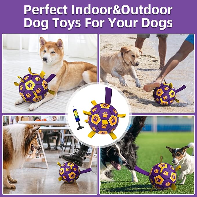 QDAN Dog Ropes Toys, Soccer Ball with Straps, Interactive Dog Toys for Tug of War, Dog Water Toy, Durable Balls for Medium Large Dogs（8 Inch）