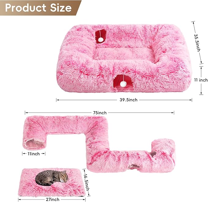Extra Large Cat Tunnel Bed, 4 Ways Tunnels for Indoor Cats, Multi-cat Family Pet Bed & Cave, Plush Cat Donut with Washable Middle Mat, Exit Balls, Pet Play Toy for Kitten Puppy Rabbit, Pink