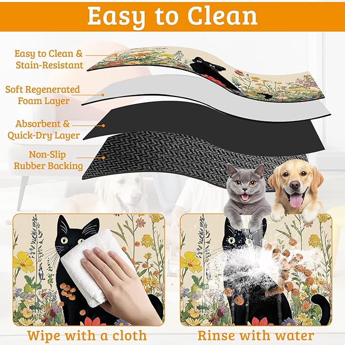 Dog Bowl Mat,Cat Black Pet Feeding Mat for Floors Waterproof,Color Flowers Absorbent Dogs Placemat for Food and Water Quick Dry Pet Cat Feeding Mats with Non Slip Bottom 16" x 24"