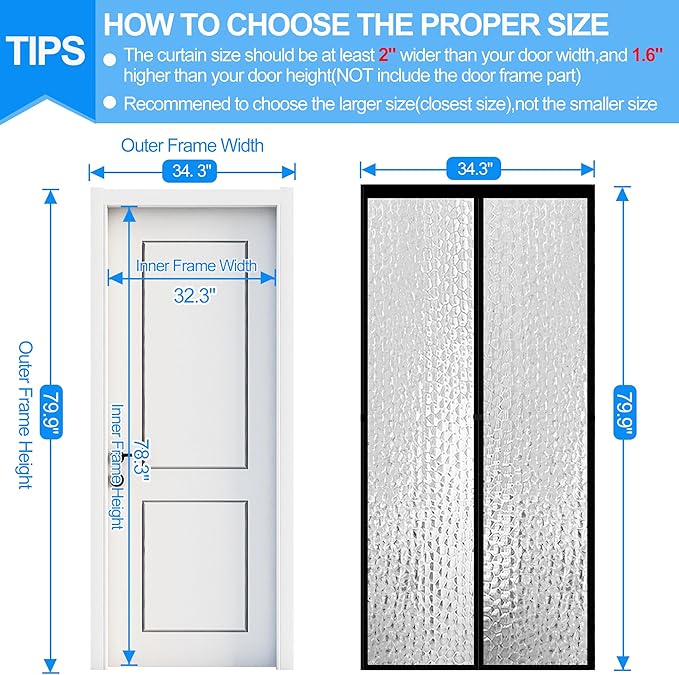 RELIANCER Magnetic Thermal Insulated Door Curtain,Waterproof EVA Door Cover,Fit Doors Size Up to 32"x78",Temperature Protection Insulated Doorway Curtain Partition,Patio Self-Closing Doors Net Screen
