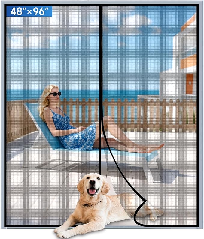 Upgraded PET Mesh Magnetic Screen Door Stronger Than Fiberglass and Polyester,Hands Free,Keep Bugs Out,Pet & Kid Friendly,Suitable for Sliding Doors,Patio and French Doors-48" X 96"