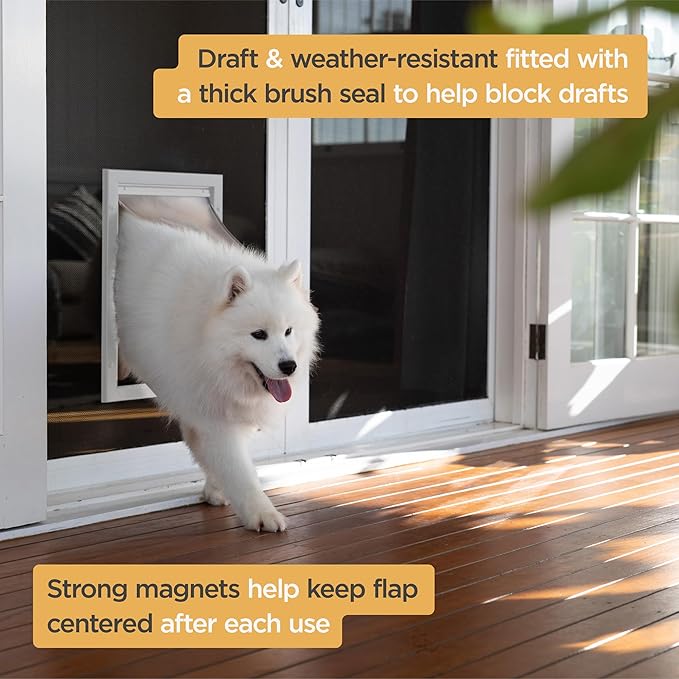Hakuna Pets Deluxe Aluminum Pet, Cat and Dog Door with 2-Way Locking Panel for Screens, Doors and Walls up to 2.8" Thick, Medium, White