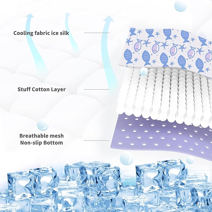 NWK Pack of 4 Pet Cooling Mat - Ice Silk Cooling Mat for Dogs & Cats Portable & Washable Pet Cooling Blanket, Car Seats, Beds for Summer (4pcs, Purple Fish, 27’’ X 20’’ X 0.3)