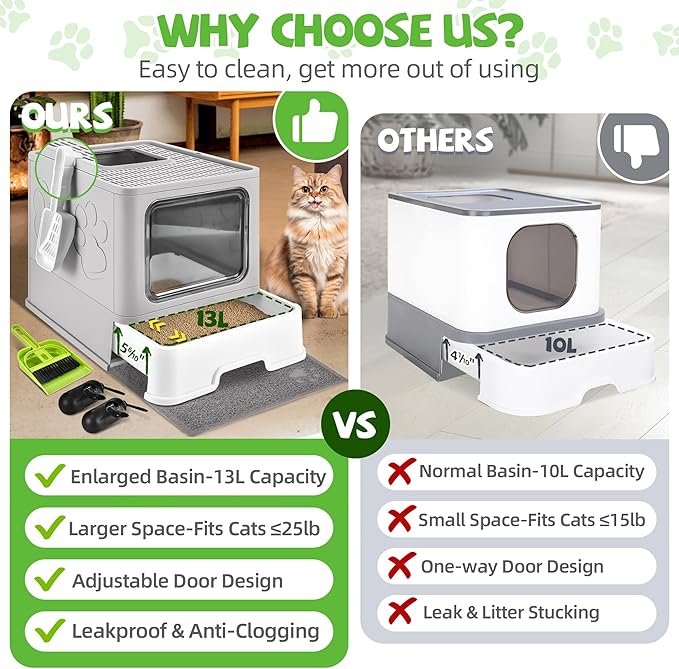 Cat Litter Box with Litter Mat, Foldable Extra Large Free in and Out/One-Way with Lid, Drawer Type Enclosed Kitty Litter Box,Odor Control Anti-Splashing Easy Cleaning (Light Grey)