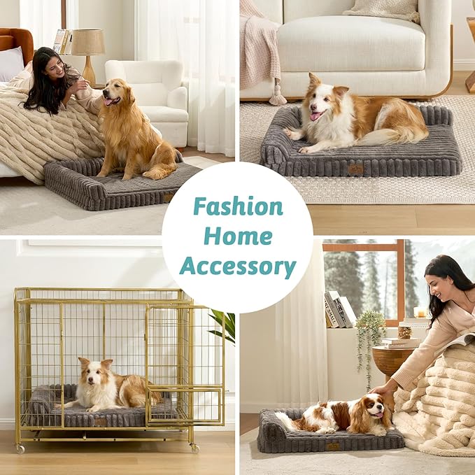 Cute Dog Bed, Faux Rabbit Fur Orthopedic Foam Dog Bed with Sides, Removable Washable Cover & Waterproof Lining, Comfortable Pet Couch for Extra Large Dogs, Grey (48" L x 35" W x 7.5" Th)
