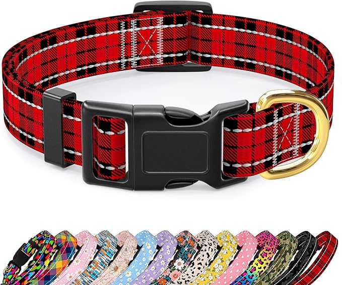Reflective Dog Collar for Extra Small Dogs, Cute Boho Adjustable Heavy-Duty Nylon Puppy Collar for Boy and Girl Female, Soft Pet Accessories with Quick Release Buckle, Black Red Tartan