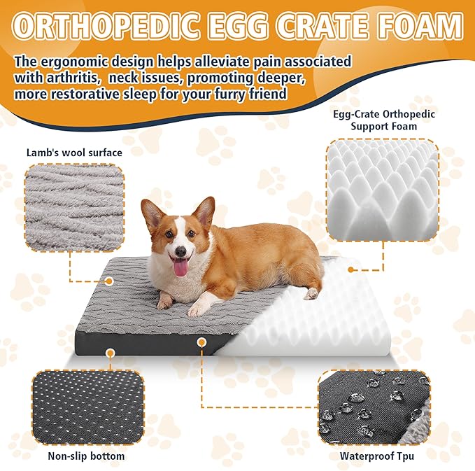 Orthopedic Dog Crate Bed – Waterproof Plush Pet Mattress with Removable Washable Cover, Non-Slip Bottom, Big Memory Foam Dog Bed for Crate, 36x27 Inch, Grey