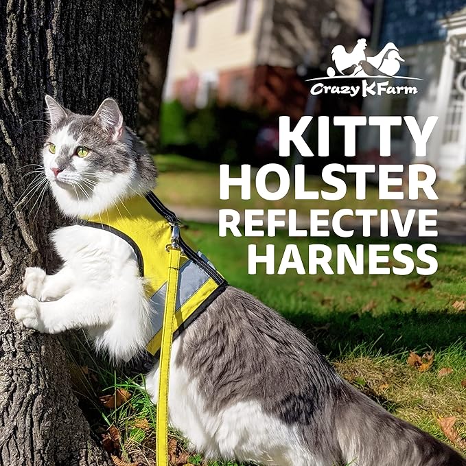Kitty Holster Reflective Cat Harness – High-Visibility Cat Harness for Travel, Day and Night Walking - Soft Cotton Cat Accessories, Breathable, Secure & Washable, Made in USA - Sunshine Yellow, S to M