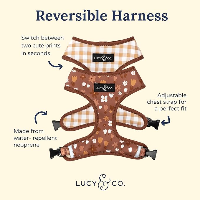 Lucy & Co. Cute Reversible Dog Harness Walking Halter - Best Designer Pet Harnesses for XS - XL Dogs - Padded Adjustable Vest for Easy Walking (X-Small, Chocolate Meadows - Brown & White Floral)