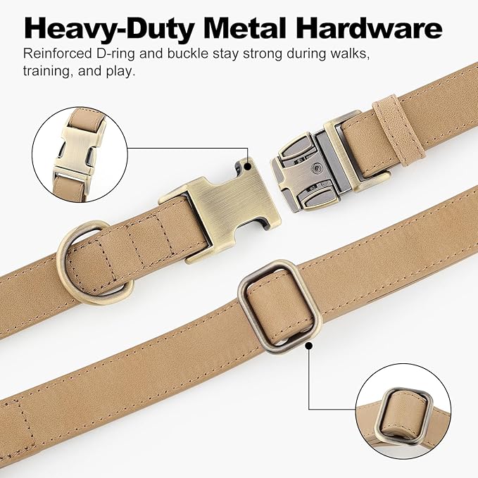 Plutus Pet Genuine Leather Dog Collar – Adjustable Pet Collar with Quick Release Metal Buckle, Soft Real Leather for Small Medium Large Dogs, Heavy Duty & Skin-Friendly (Beige, L)
