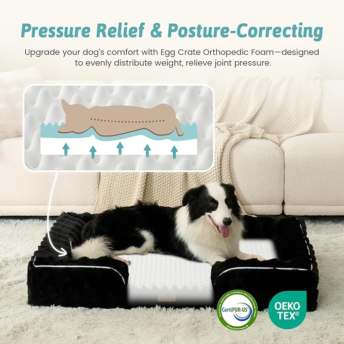Orthopedic Dog Bed for Extra Large Dog, Soft and Warm Faux Fur Sofa for Giant Pet Up to 150 lbs, Foam Bolster Anti-Slip Couch with Washable Removable Cover, XXL 48x35x8 inch, Black