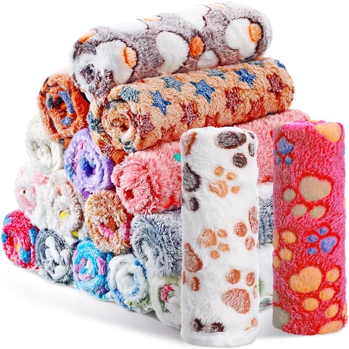 Chumia 18 Pcs Fleece Pet Blanket Soft Warm Sleep Mat Fluffy Cute Puppy Supplies Paw Bone Star Elephant Dot Heart Print Design Bed Blankets for Dog Cat Kitten Animals (41 x 30 Inch,Sweet)