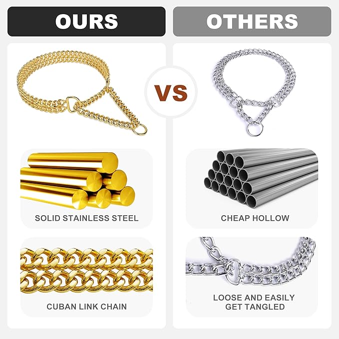 Gold Dog Chain Collar Stainless Steel 18K Gold Collar Adjustable Walking, Metal Cuban Link Chew Proof Double Row Chain for Large Small Medium Dogs