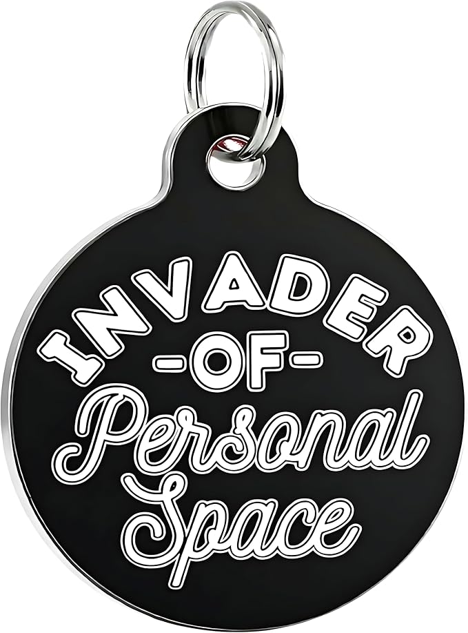 Bad Tags Personalized Dog and Cat ID Tags in 25+ Designs and 2 Sizes - 5 Lines of Custom Engraved Text - Funny Cute Personalized Pet Tags (Invader of Personal Space - Black, Large (1.25 inch))