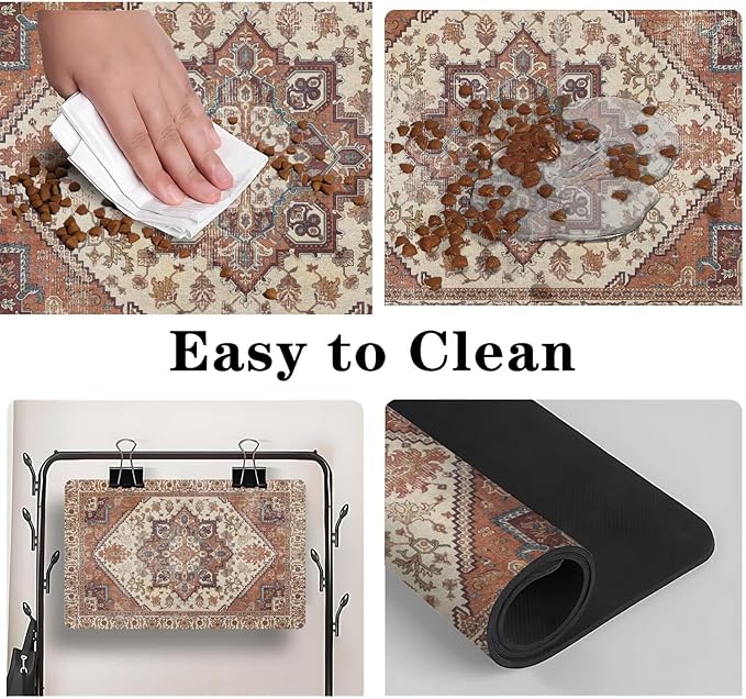 Dog Food Mats for Floors, Absorbent and Quick-Drying Pet Cat Food Mat,Anti-Fouling and Easy-to-Clean Pet Feeding Mat,Dog Bowl Mat for Messy Drinking Water Bowls.12 x20, Bohemia Style