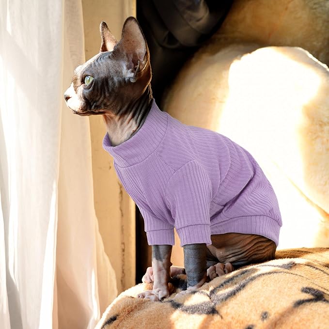 PUMYPOREITY Cat Clothes - Stretchy Cat Shirt & Sweater with Sleeves for Sphynx & Devon Rex Cats - Purple, XL