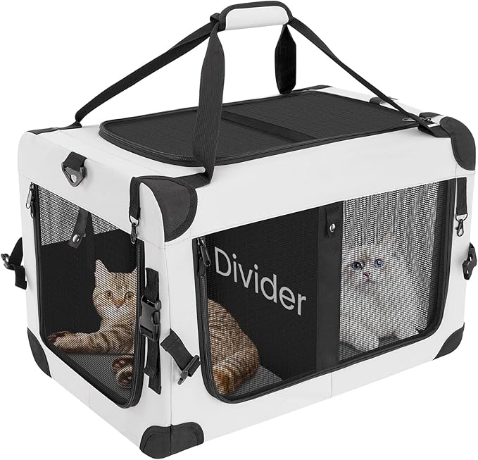 Extra Large Cat Carrier for 2 Cats with Divider, Double Soft-Sided Pet Carrier for Small Dogs, Puppies & Rabbits, Collapsible Travel Carrier with Removable Cozy Pad & Storage Pockets