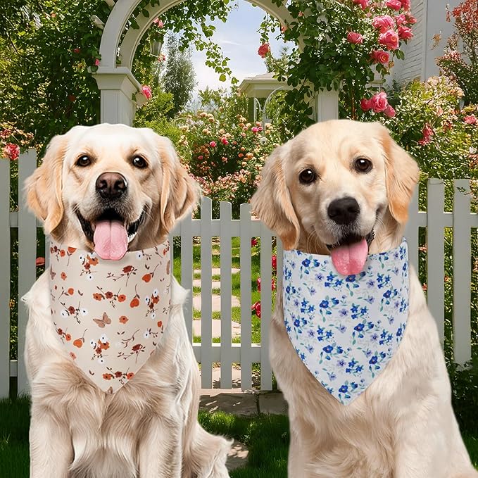 Spring Dog Bandanas XLarge 2PCS, 4 Pattern Summer Floral Scarf for Boy and Girl, Triangle Reversible Bibs Breed for Puppy Pets