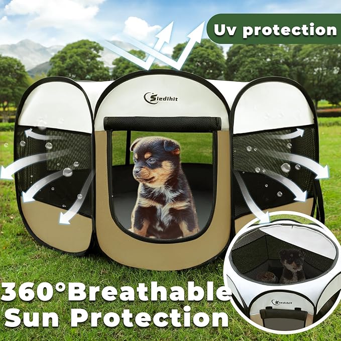 Dog Cat Playpen, Small Puppy Pet Playpen, Dog Crate Tent Cage Indoor/Outdoor, Portable Pop Up Dogs Kennel Playpen with Carrying Case for Dogs/Cats/Rabbits(Khaki, Small)