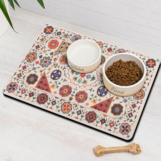 Moroccan Trellis Dog Food & Water Mat, Boho Colorful Vintage Pet Feeding Mat for Floor Non-Slip Waterproof, Super Absorbent Cat Bowl Mat, Easy to Clean Durable Pet Placemat,17" × 30"