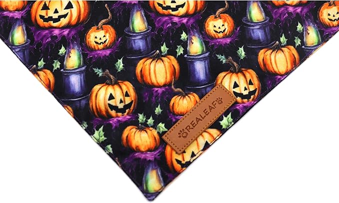 Realeaf Halloween Dog Bandanas 2 Pack, Pumpkins and Ghosts Pet Scarf for Boy and Girl, Premium Durable Fabric, Holiday Bandana for Small and Medium Dogs Pets (Small)