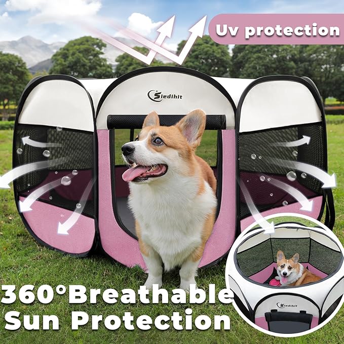 Pink Puppy Playpen for Middle Dog Cat, Dog Tent Crates Cage Indoor/Outdoor, Portable Pop Up Dog Kennel with Carrying Bag for Rabbits, (Pink, Medium)