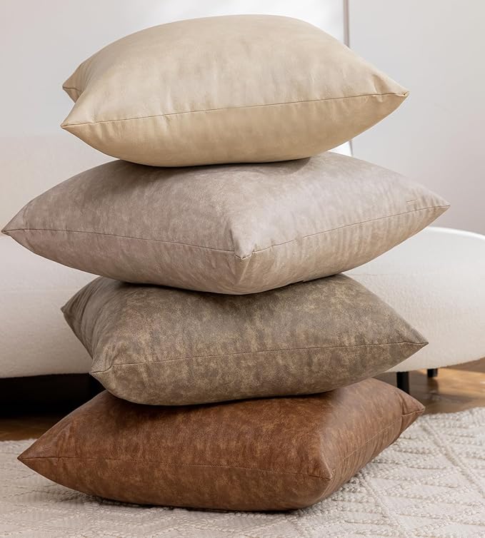 Pack of 4 Neutral Decorative Faux Leather Throw Pillow Covers 20x20 inch, Soft Modern Boho Luxury Waterproof Floor Cushion Cases, for Outdoor Lounge Sofa Couch Bed Home Decor